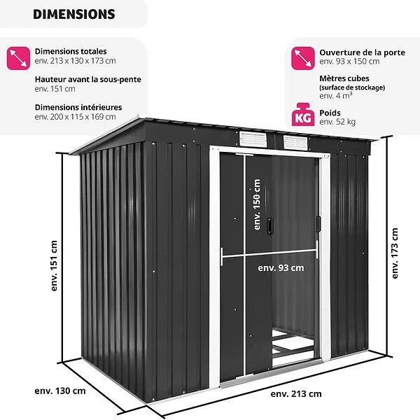 Abri de jardin métal 2,7 m² toiture monopente tôle en acier laquée et galvanisée