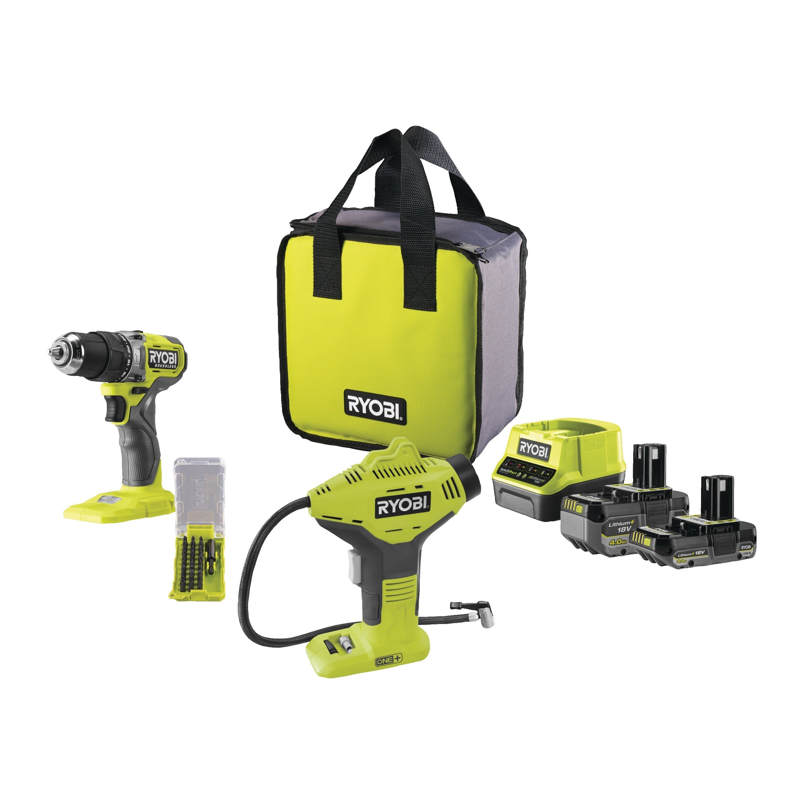 RYOBI - Perceuse-visseuse à percussion Brushless 18V ONE+™ (1x4.0Ah & 1x2.0Ah) + compresseur OFFERT